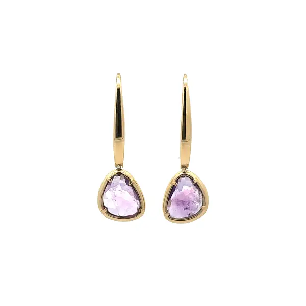 Gold dangle earrings with purple stone