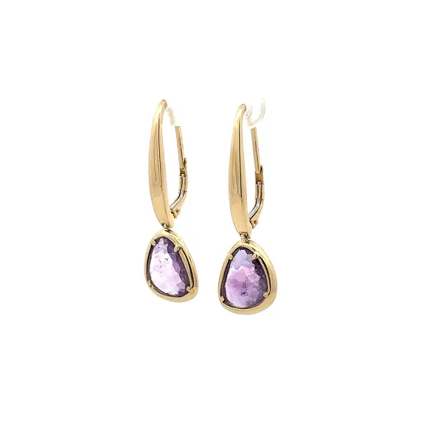 Gold dangle earrings with purple stone