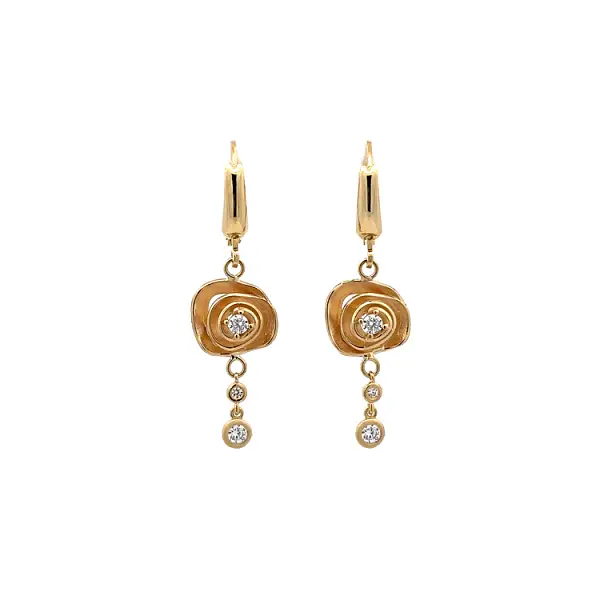 Gold dangle earrings with rose design and sparkling cubic zirconia