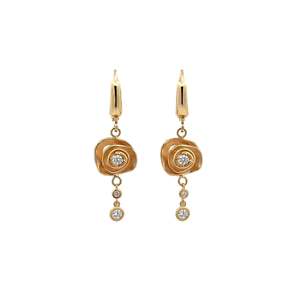 Gold dangle earrings with rose design and sparkling cubic zirconia