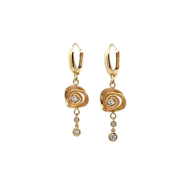 Gold dangle earrings with rose design and sparkling cubic zirconia