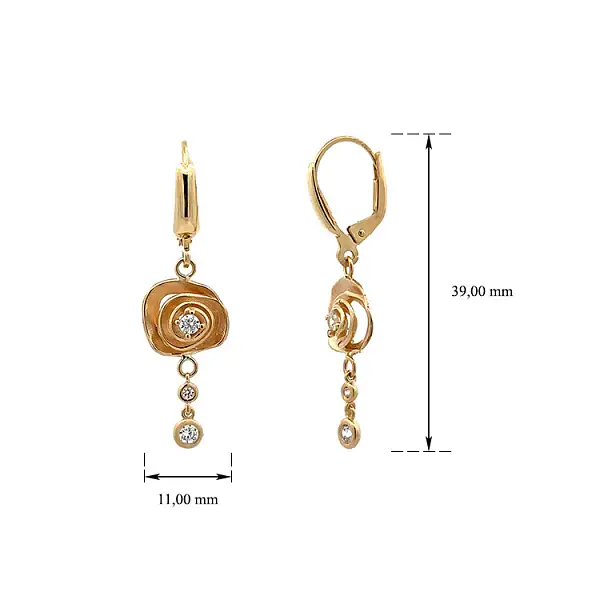Gold dangle earrings with rose design and sparkling cubic zirconia