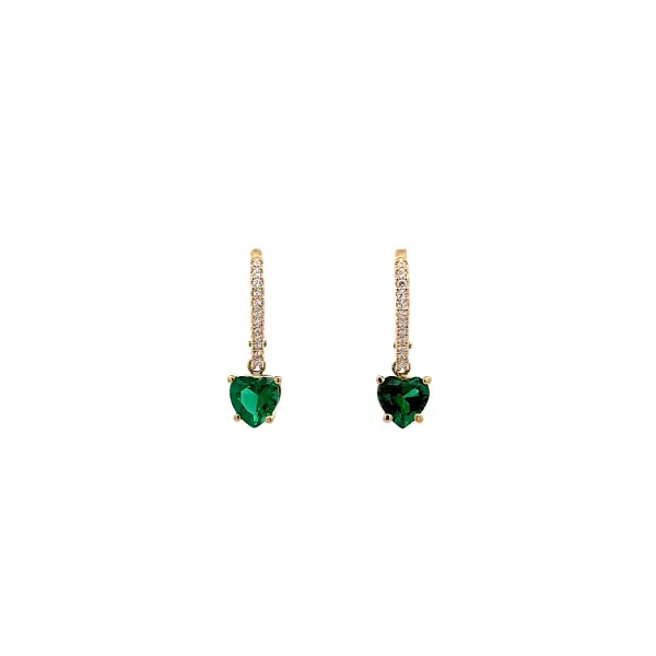 Gold Earrings with Zircones and Emerald Green Hearts
