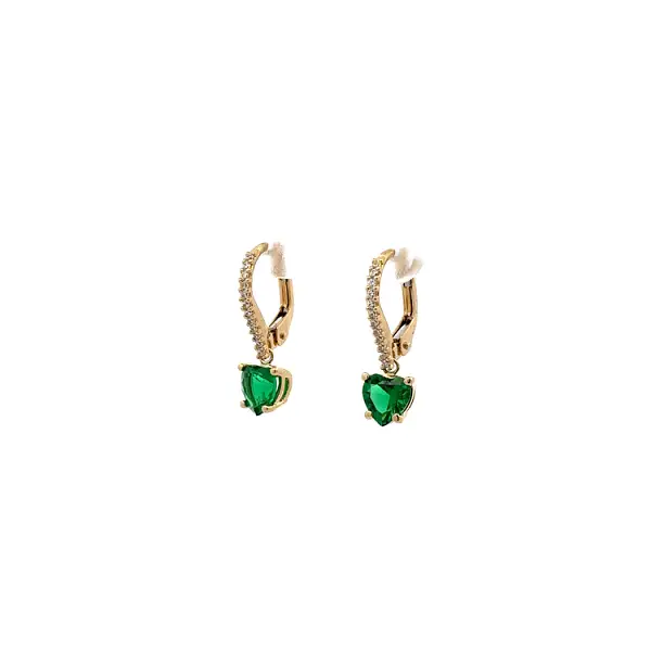 Gold Earrings with Zircones and Emerald Green Hearts
