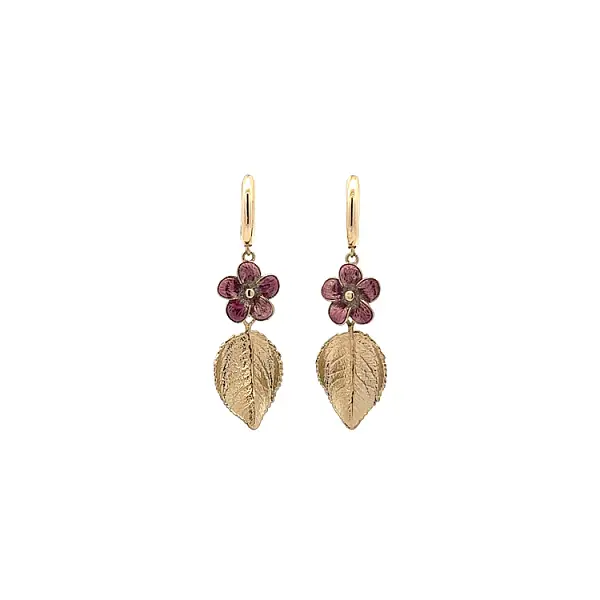 Yellow Gold dangle earrings with purple flower and gold leaf