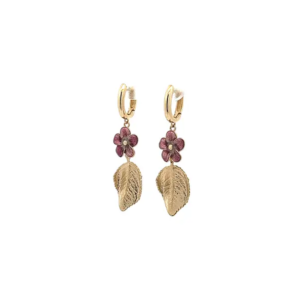 Yellow Gold dangle earrings with purple flower and gold leaf