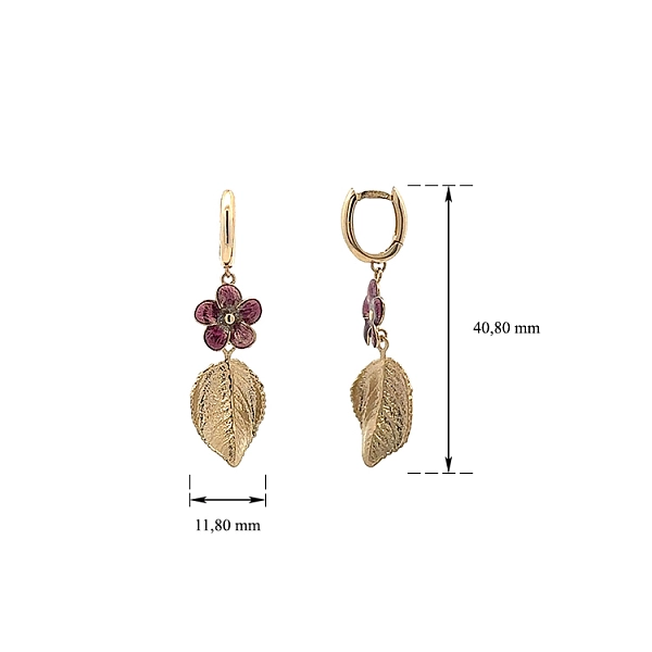 Yellow Gold dangle earrings with purple flower and gold leaf