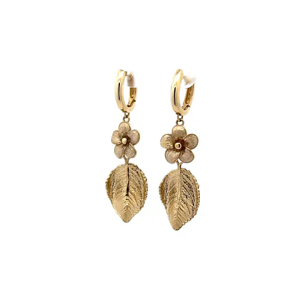 Gold Pendant Earrings Inspired by Nature - Flower and Leaf