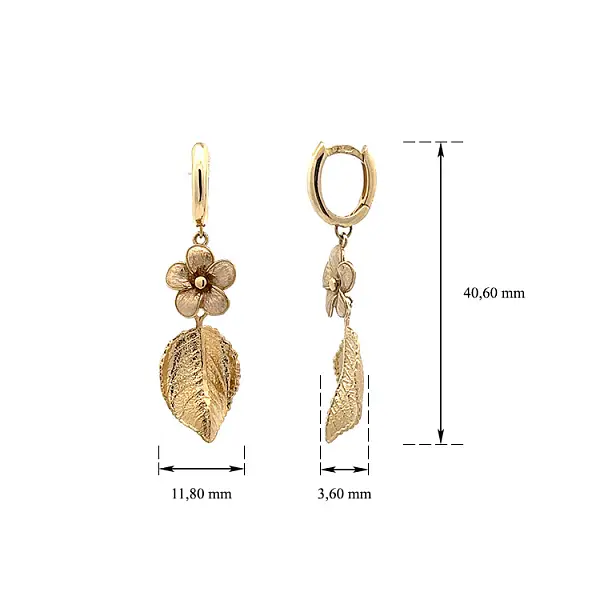 Gold Pendant Earrings Inspired by Nature - Flower and Leaf