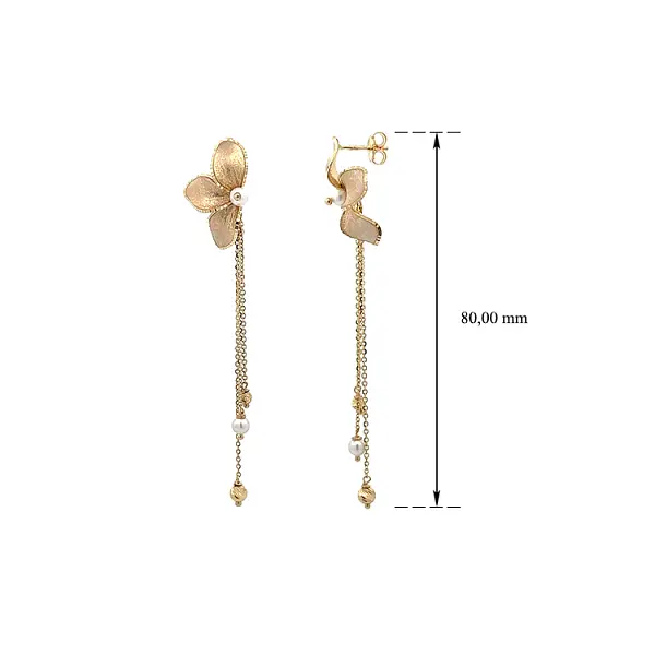 Elegant dangle earrings with golden flower and fine pearls