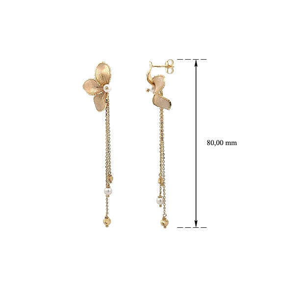 Elegant dangle earrings with golden flower and fine pearls