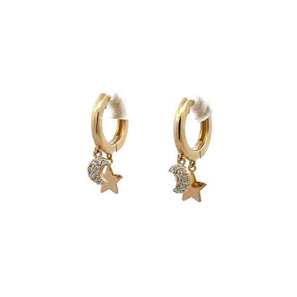 Gold Earrings Crescent and Star with Zircons