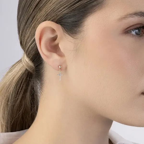 Gold Earrings Cross with Zircons