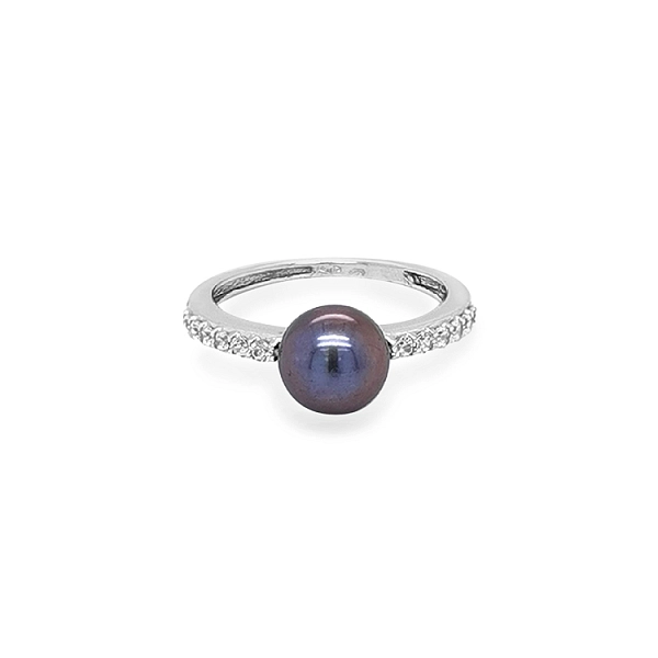 Gold Ring with Black Pearl and Zircons