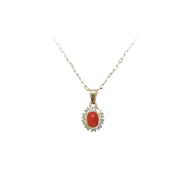 Gold Pendant with Coral and Zircons
