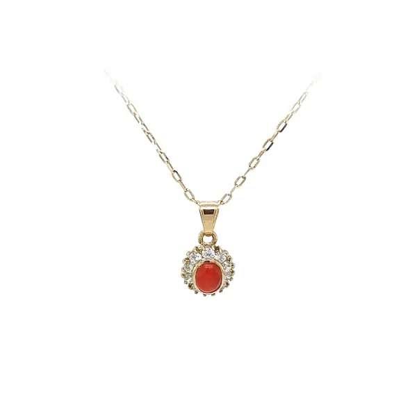 Gold Pendant with Coral and Zircons