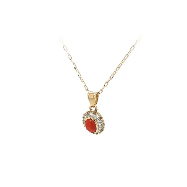 Gold Pendant with Coral and Zircons