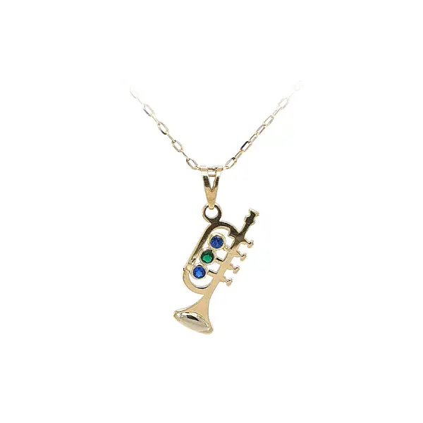 Gold Pendant Trumpet with Coloured Stones