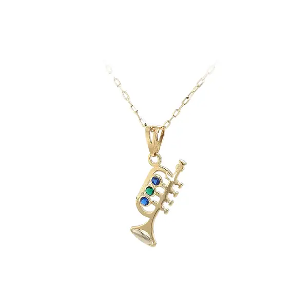 Gold Pendant Trumpet with Coloured Stones