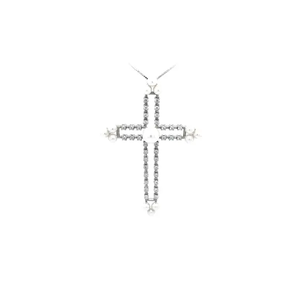 Pendant Cross with Pearl and White Gold Zircons