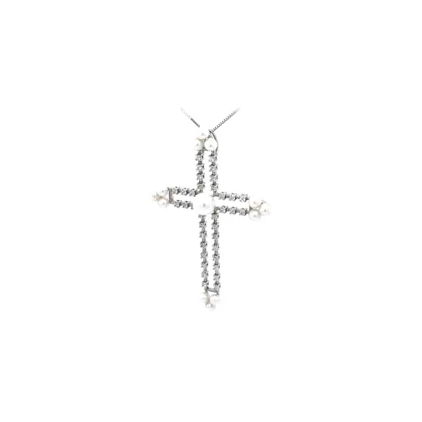 Pendant Cross with Pearl and White Gold Zircons