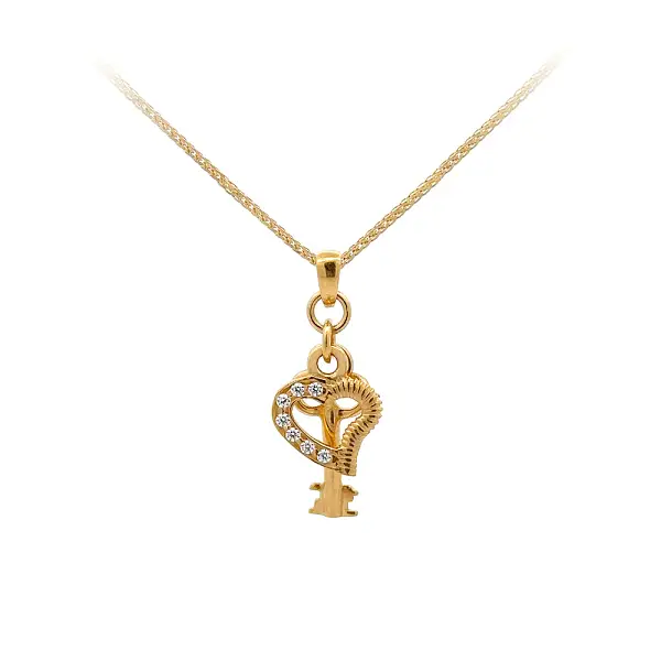 Gold Pendant Heart and Key with Zircons