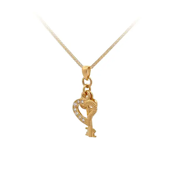 Gold Pendant Heart and Key with Zircons