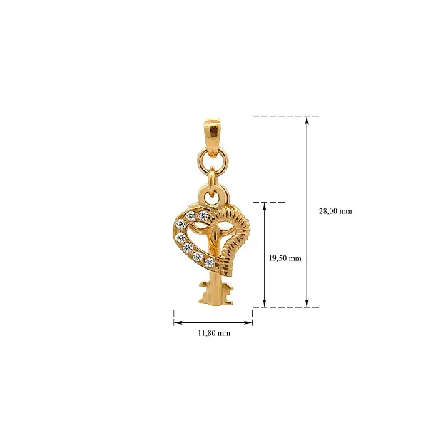 Gold Pendant Heart and Key with Zircons
