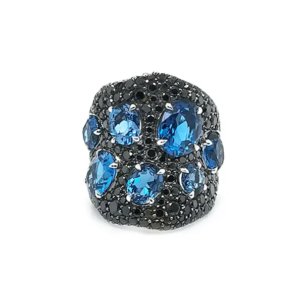 Gold Ring with Blue Topaz and Black Diamonds