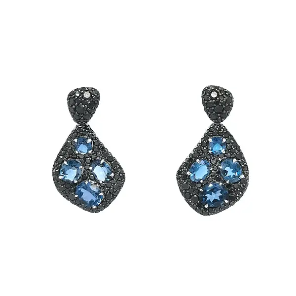 Gold Earrings with Blue Topaz and Black Diamonds