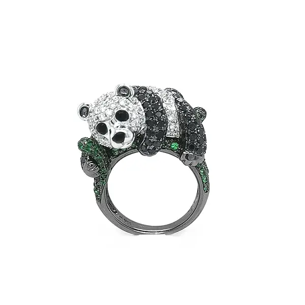 Gold Ring with Green Garnets, Black and White Diamonds