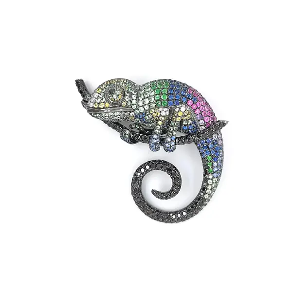 Golden Chameleon Brooch with Colored Sapphires and Diamonds