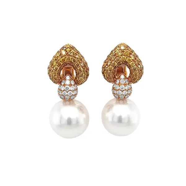 Gold Earrings Natural Pearls and Diamonds