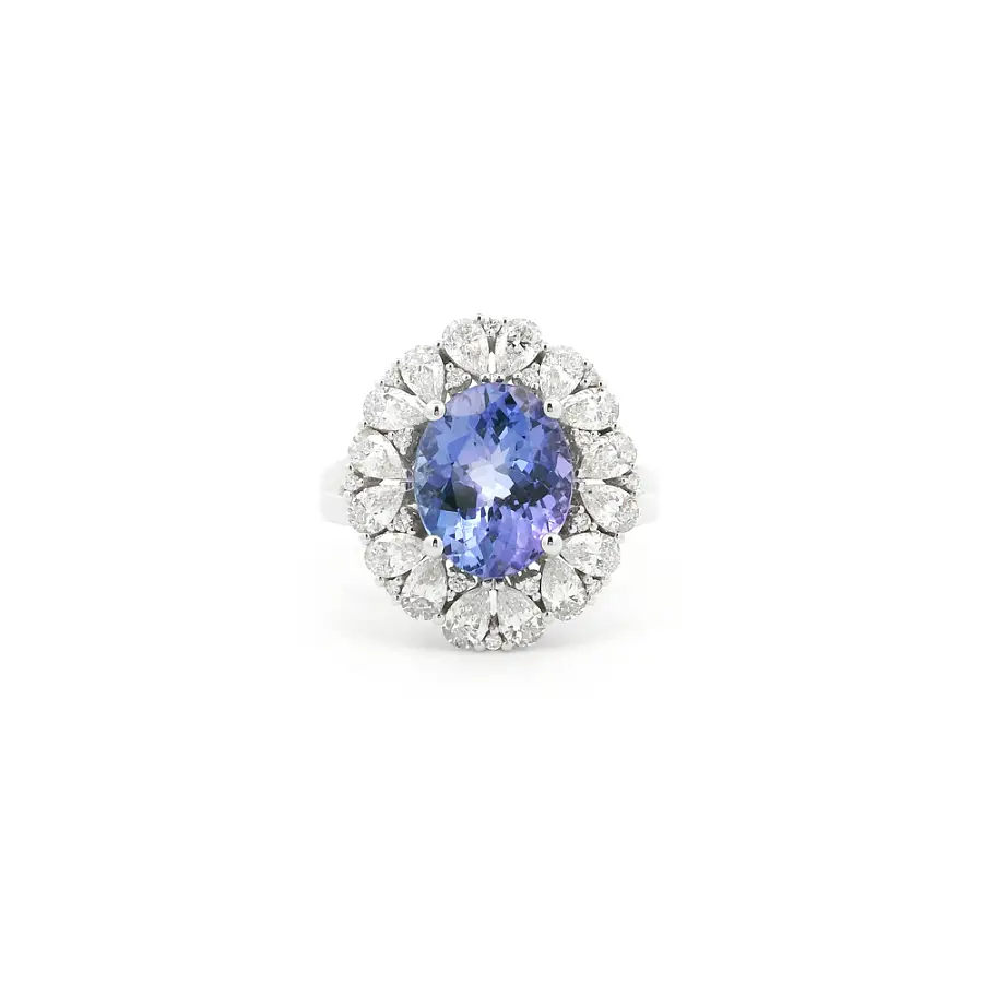 White Gold Ring with Tanzanite and Diamond Halo