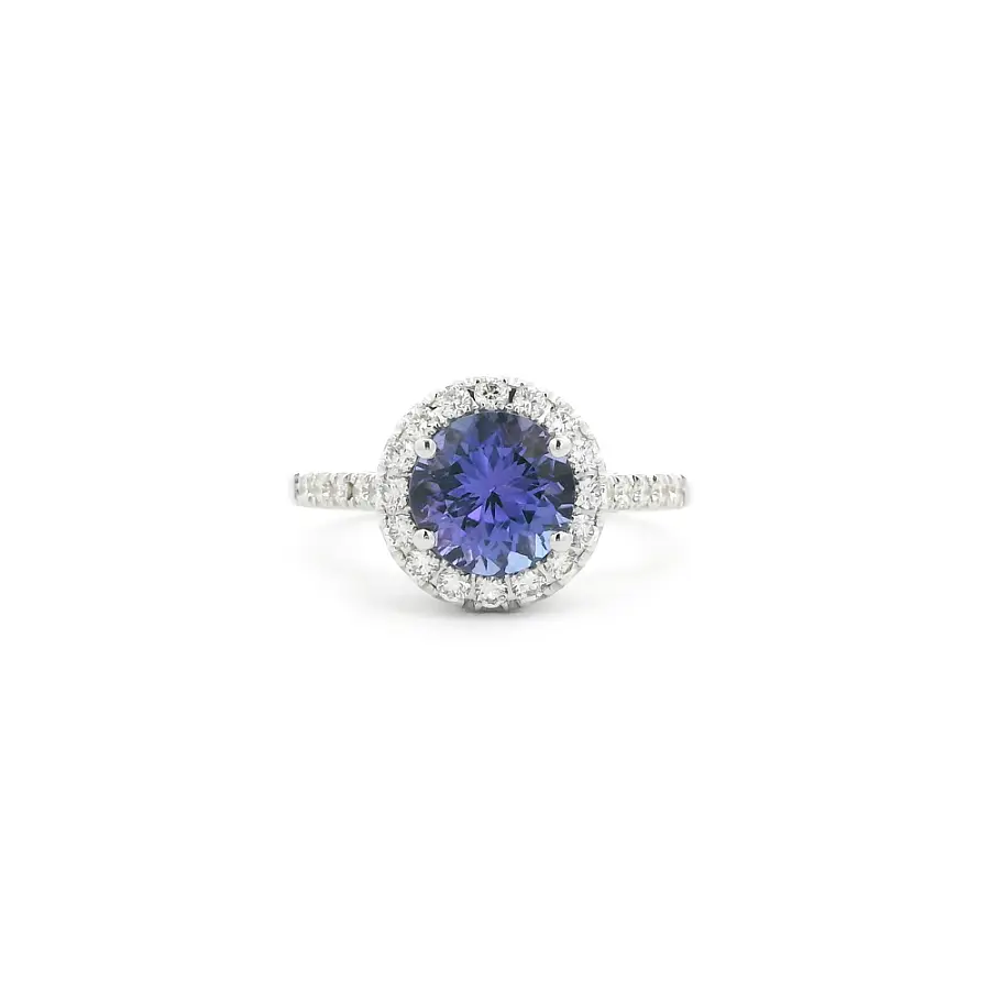 White Gold Ring with Tanzanite and Diamond Halo