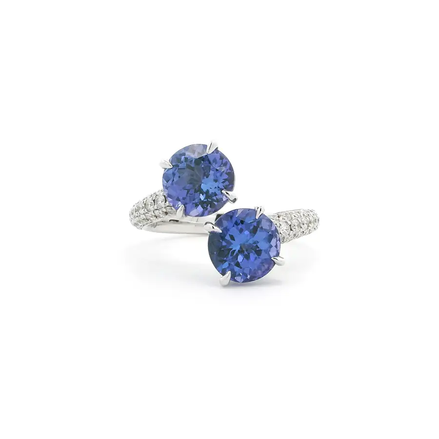 White Gold Ring with Two Tanzanites and Diamonds