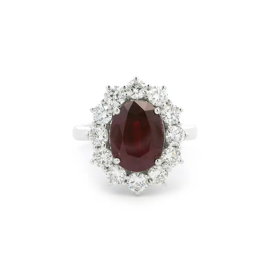 White Gold Ring with Oval Ruby and Diamond Halo