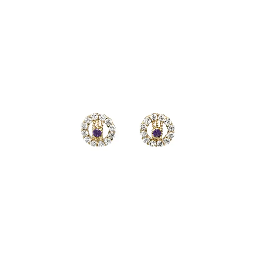 Gold Earrings with Amethyst and Clear Zircon Halo
