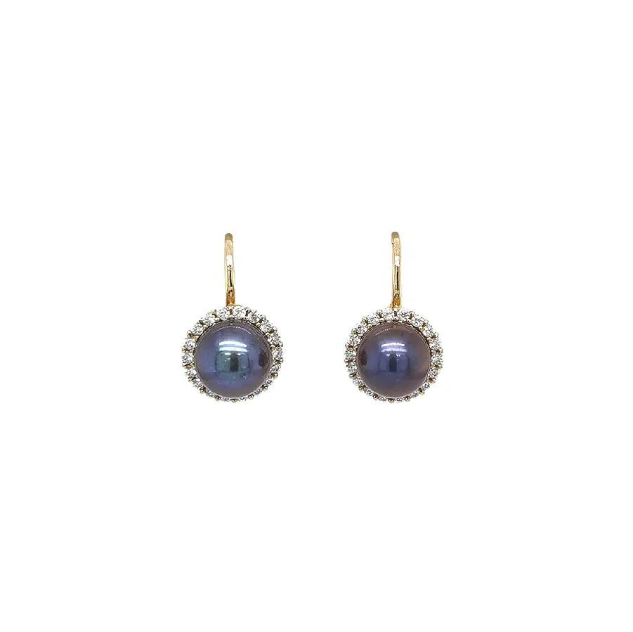 Gold Earrings with Black Pearls and Zircon Halo