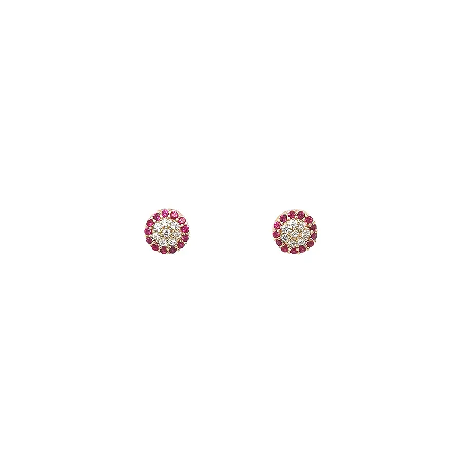 Gold Round Stud Earrings with Red and Clear Stones