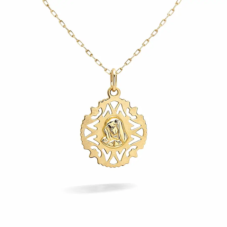 Gold Virgin Mary Pendant in Ornamental Frame