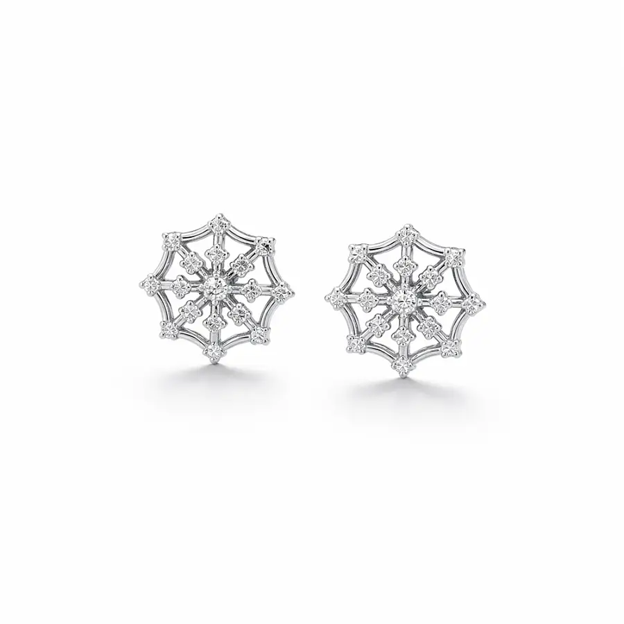 Gold Stud Earrings with Snowflake Motif and Zirconia
