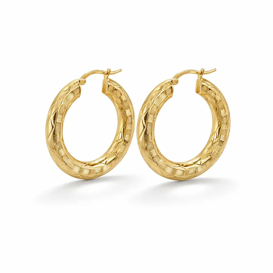 Yellow Gold Hoop Earrings with Engraved Pattern