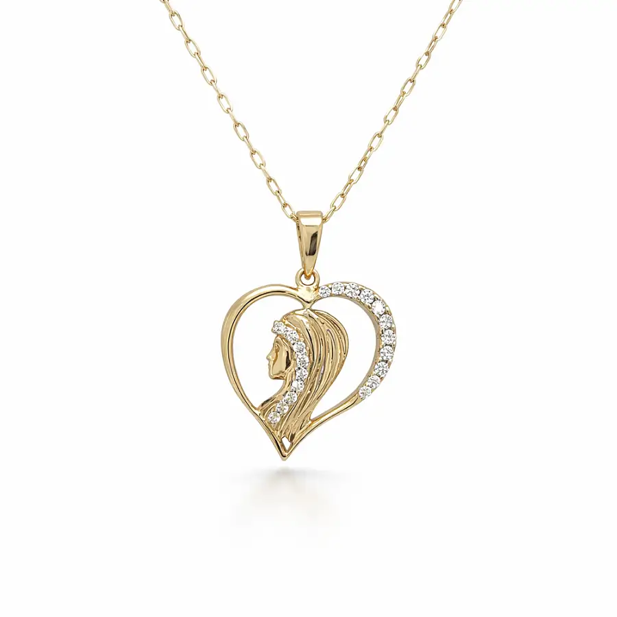 Gold Madonna Heart Pendant with Zirconia