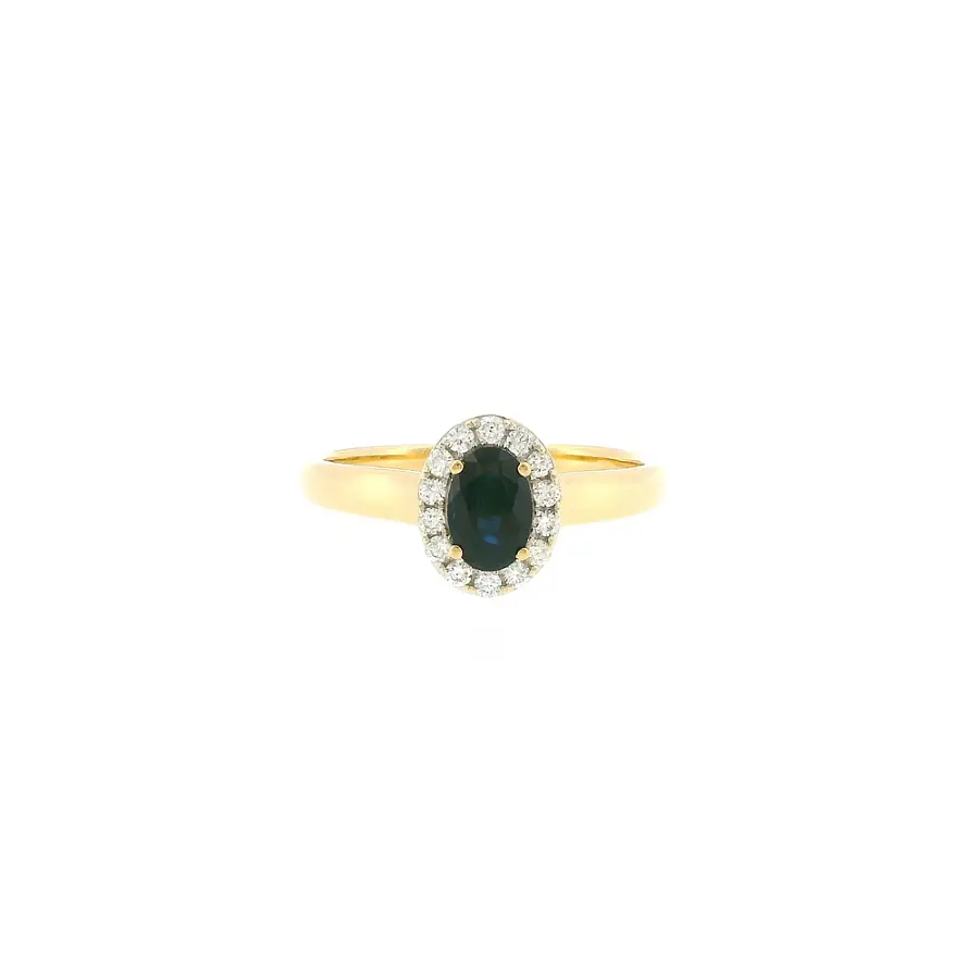 Gold ring with 0.50 ct sapphire in a diamond halo
