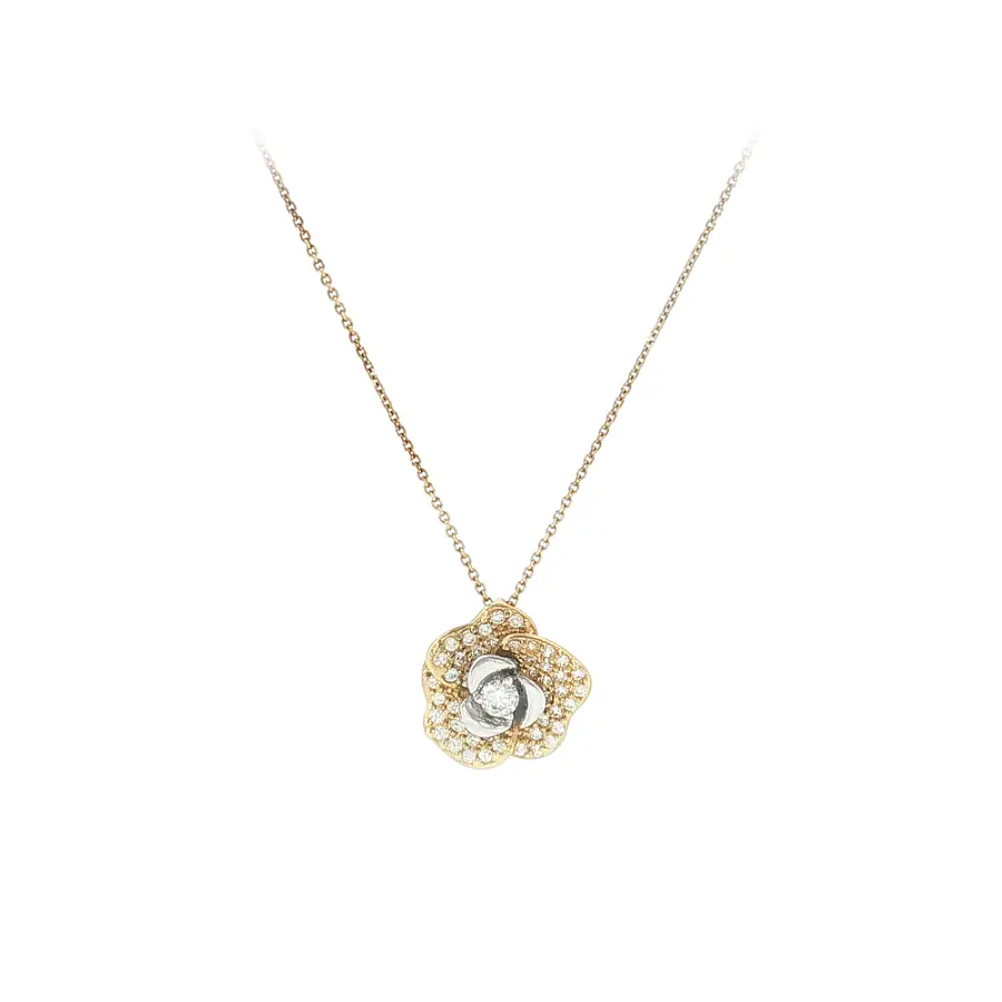 Elegant yellow and white gold necklace with a flower and zirconia