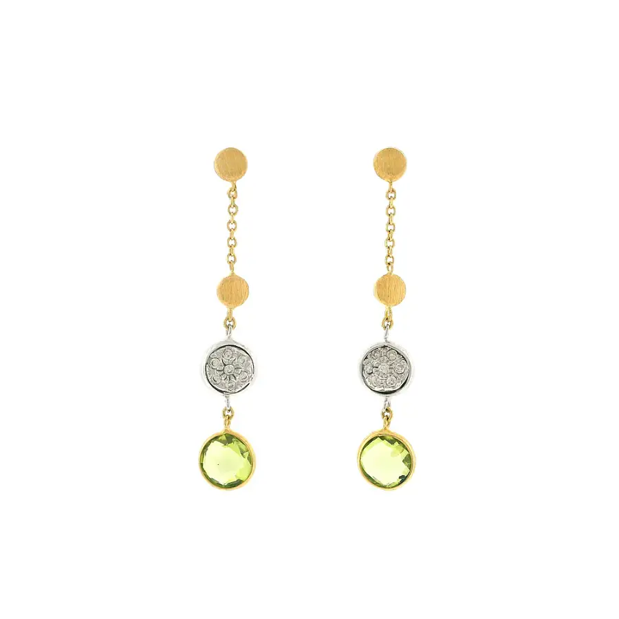Gold drop earrings with green stone and zirconia