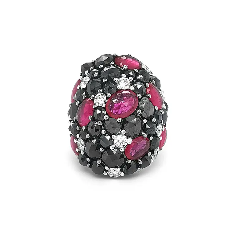 Gold Ring with Rubies, Black and White Diamonds