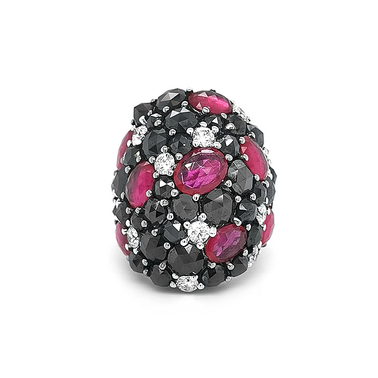 Gold Ring with Rubies, Black and White Diamonds