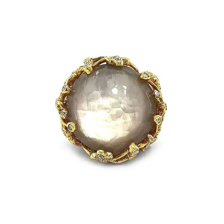 Gold Ring with Pearl, Quartz and Diamonds